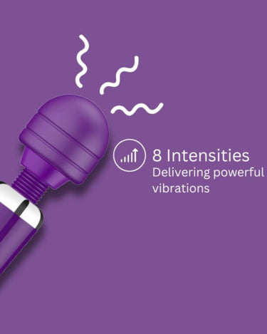a purple vibrating device with the words, 8 intensities delivering powerful vibra